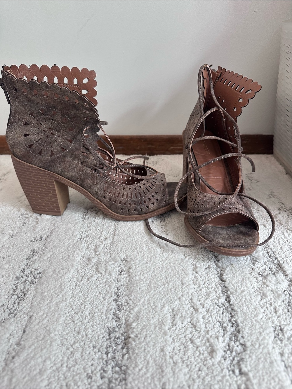 Maurices Scalloped Cutout Lace-Up Block Heel Sandals - Brown